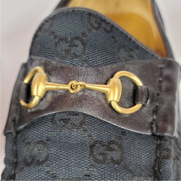 Gucci Vintage Canvas and Black Leather Horsebit Women’s Loafers - Picture 9 of 10